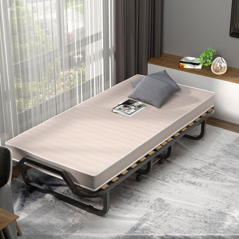 Folding Bed with 10cm Memory Foam Mattress and Wheels-White