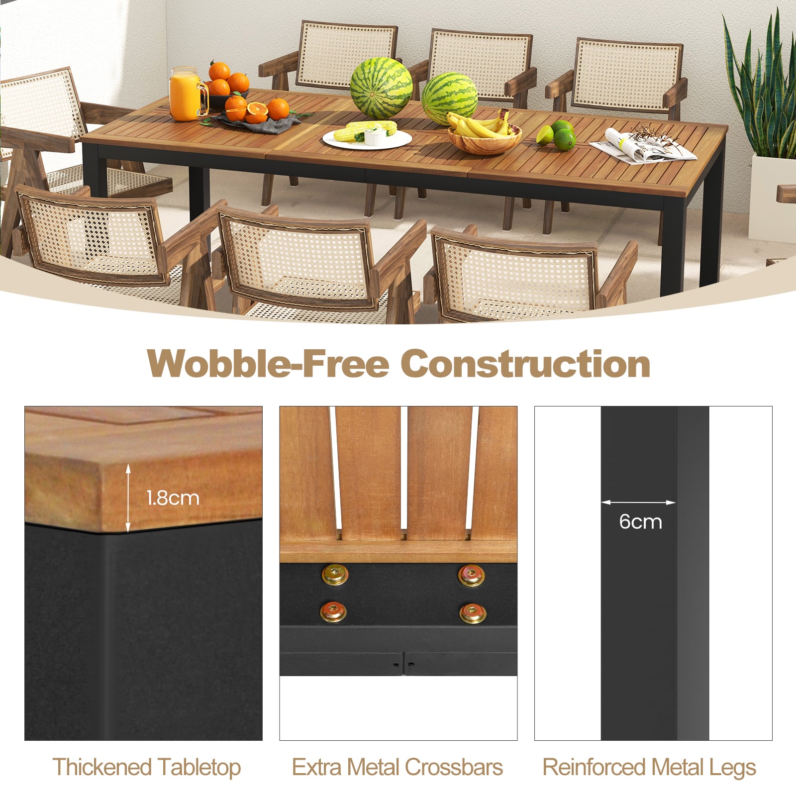 8-Person Outdoor Dining Table with Umbrella Hole for Garden Poolside