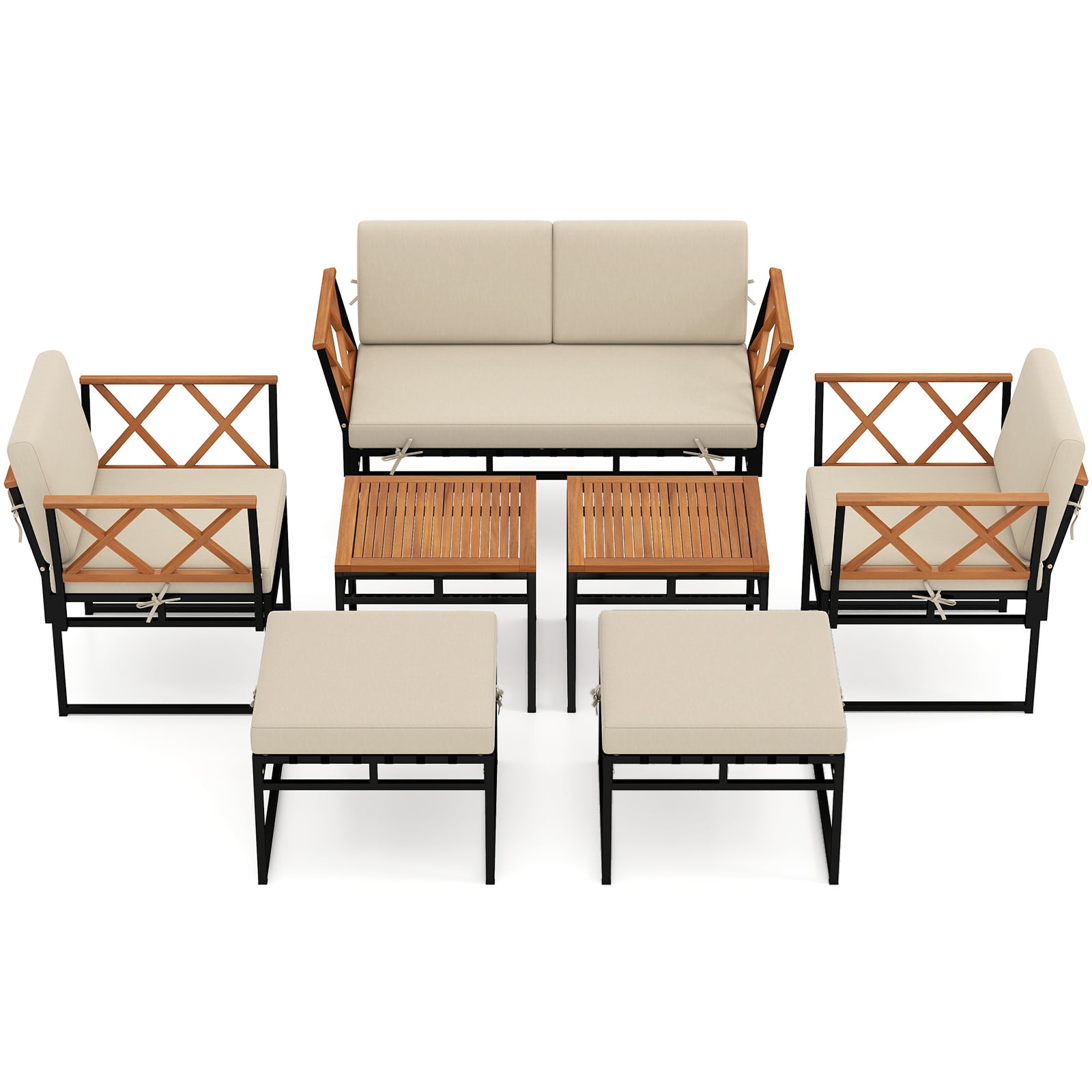 7 Piece Outdoor Conversation Set with Ottomans for Porch-Beige