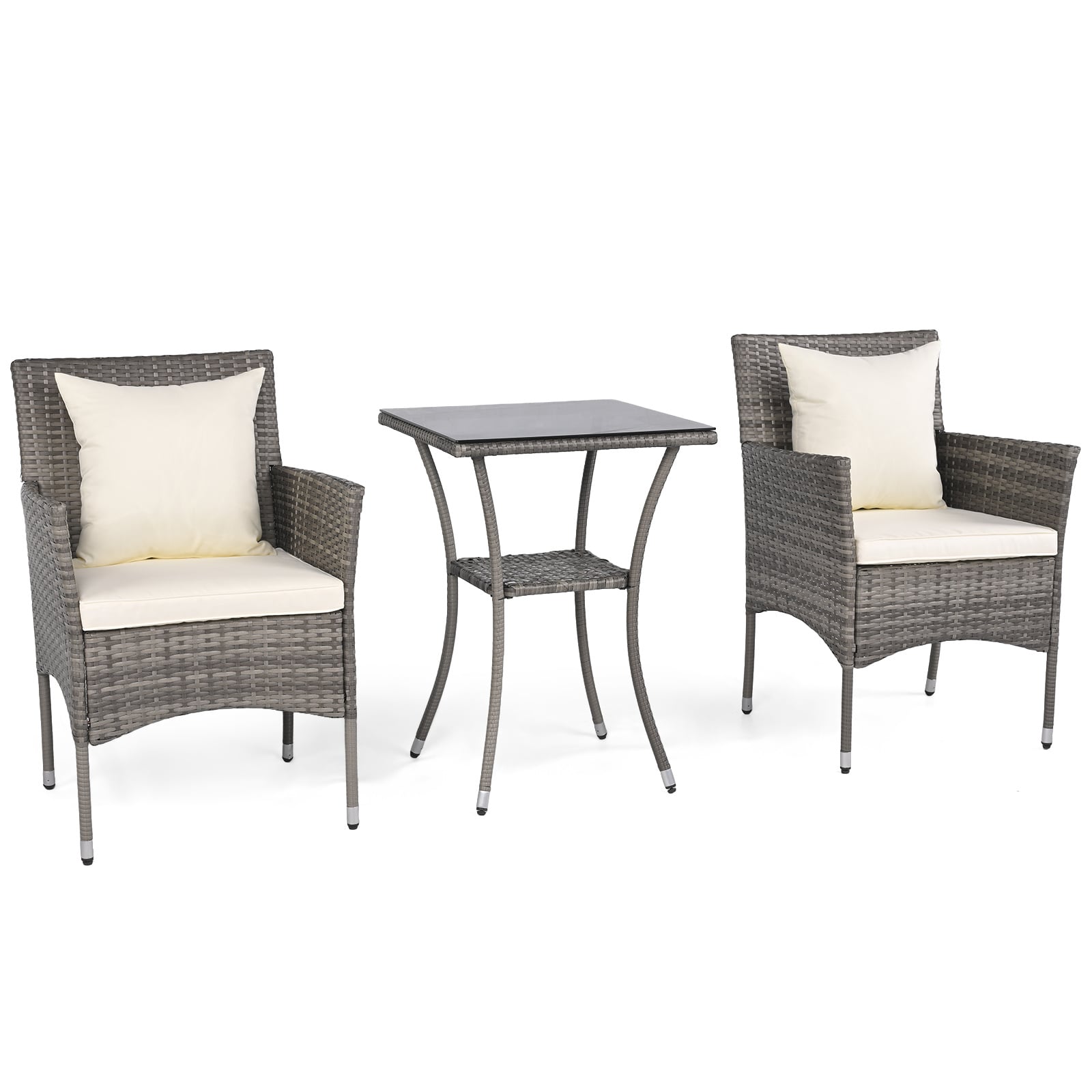 3 Pieces Patio Wicker Bistro Set 2 Rattan Chairs with Double-Tier Tempered Glass Table-Off White