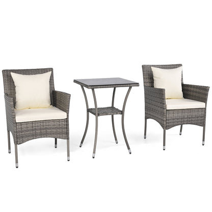 3 Pieces Patio Wicker Bistro Set 2 Rattan Chairs with Double-Tier Tempered Glass Table-Off White
