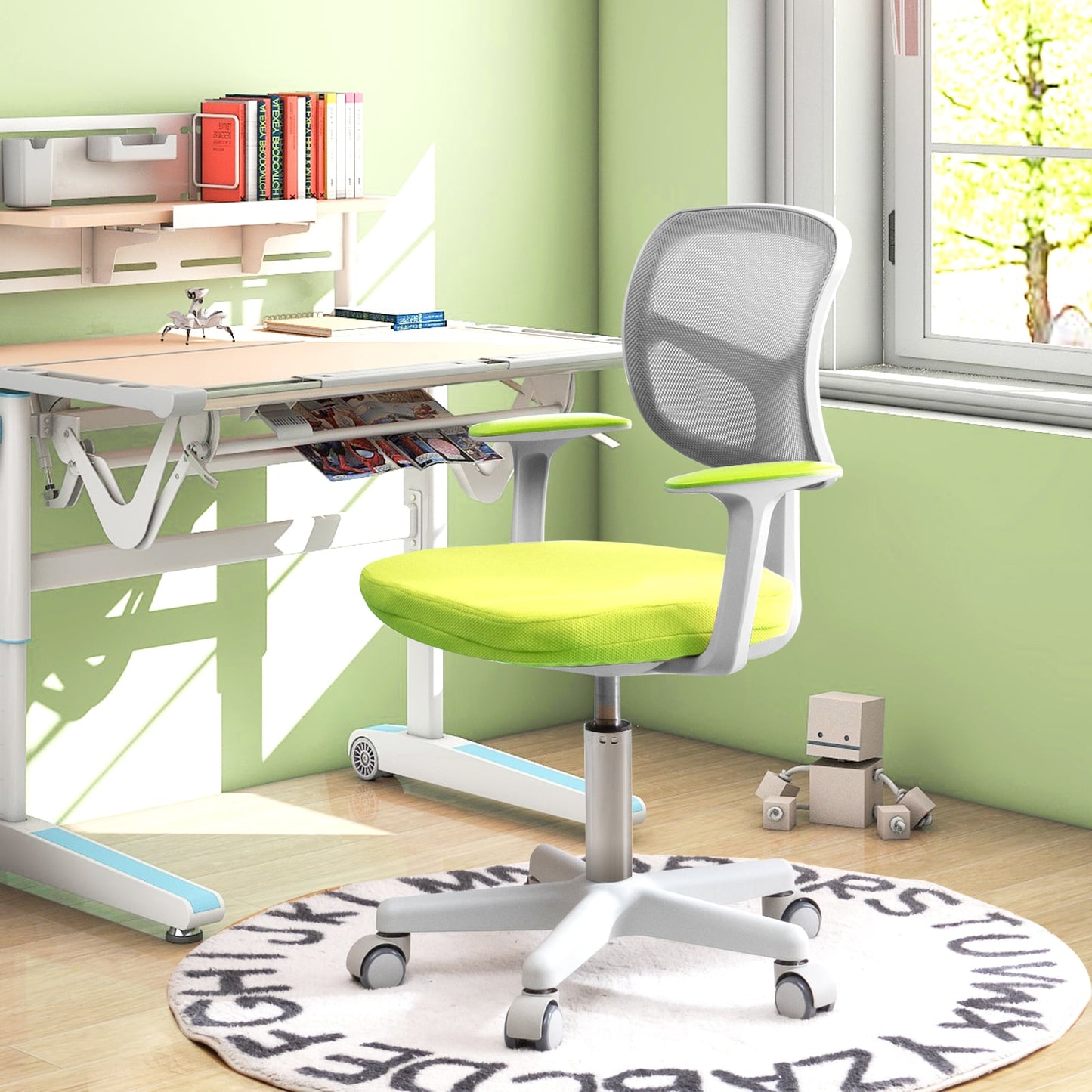 Kids Height-Adjustable Swivel Computer Desk Chair with Lumbar Support-Green