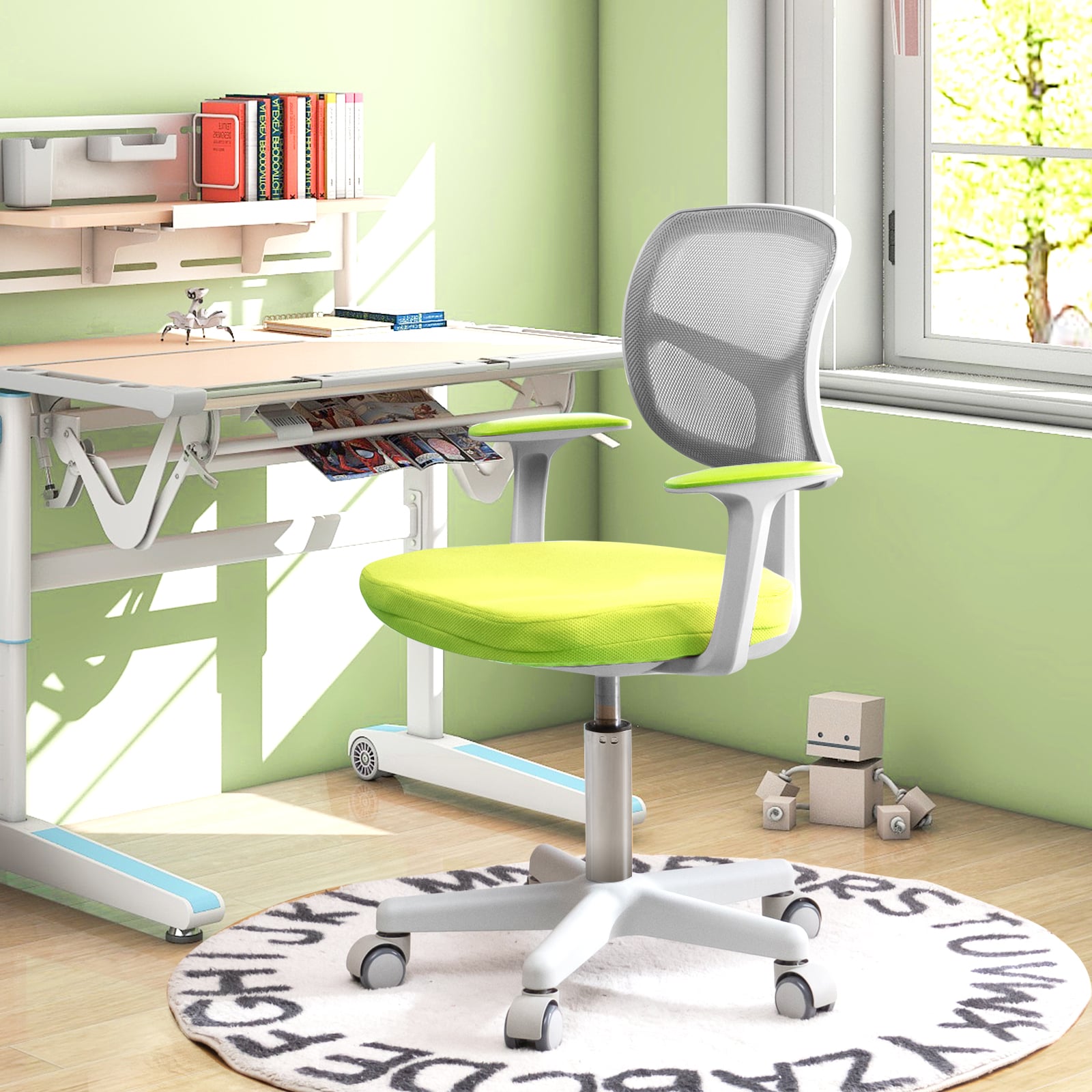 Kids Height-Adjustable Swivel Computer Desk Chair with Lumbar Support-Green