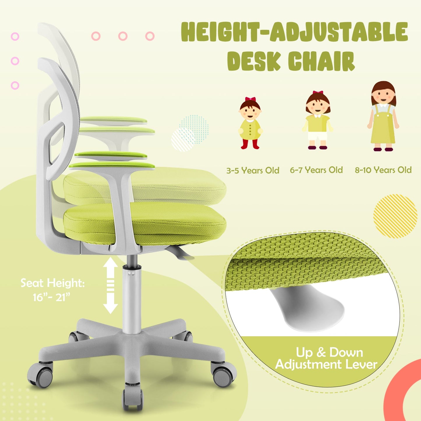 Kids Height-Adjustable Swivel Computer Desk Chair with Lumbar Support-Green