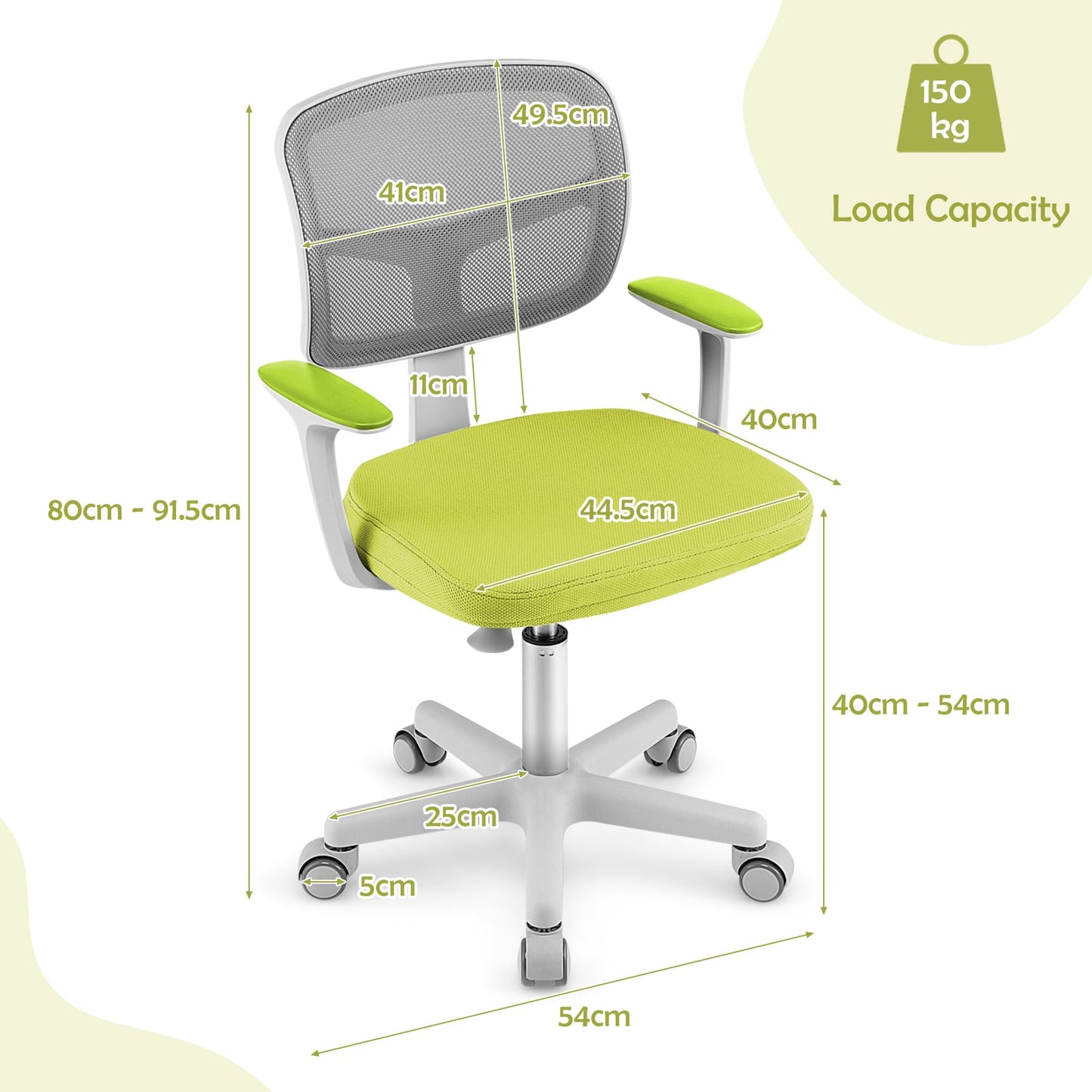 Kids Height-Adjustable Swivel Computer Desk Chair with Lumbar Support-Green