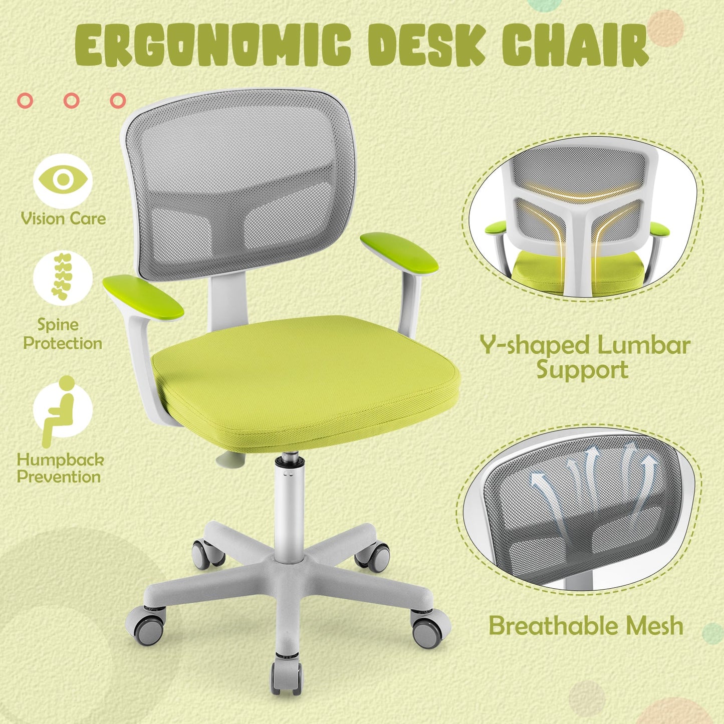 Kids Height-Adjustable Swivel Computer Desk Chair with Lumbar Support-Green