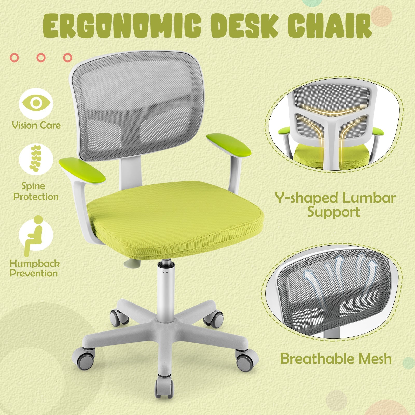Kids Height-Adjustable Swivel Computer Desk Chair with Lumbar Support-Green