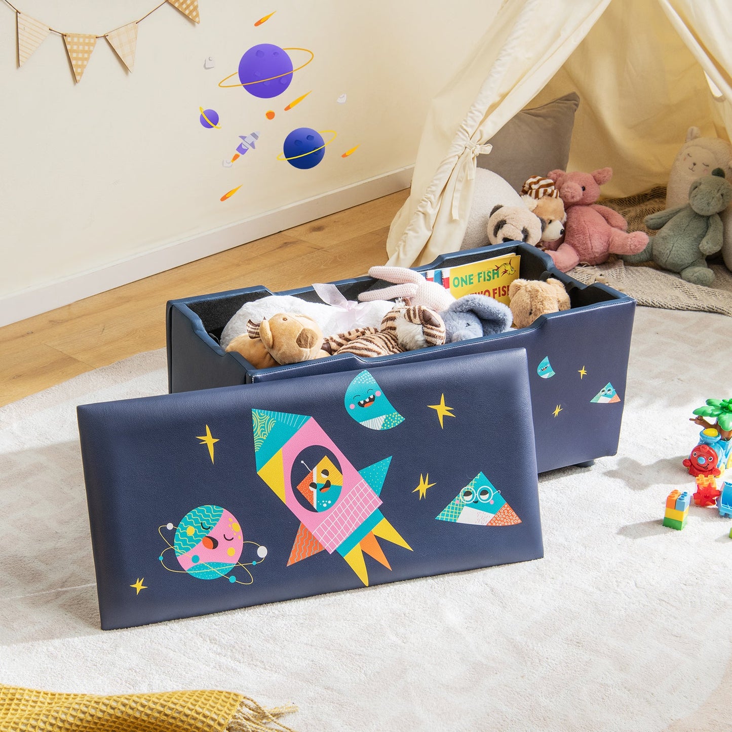 Upholstered Kids Toy Storage Box for Bedroom Nursery Playroom-Navy Blue