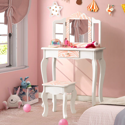 2 in 1 Kids Vanity Table and Stool Set for Girl Children-Pink Zebra-stripe Print