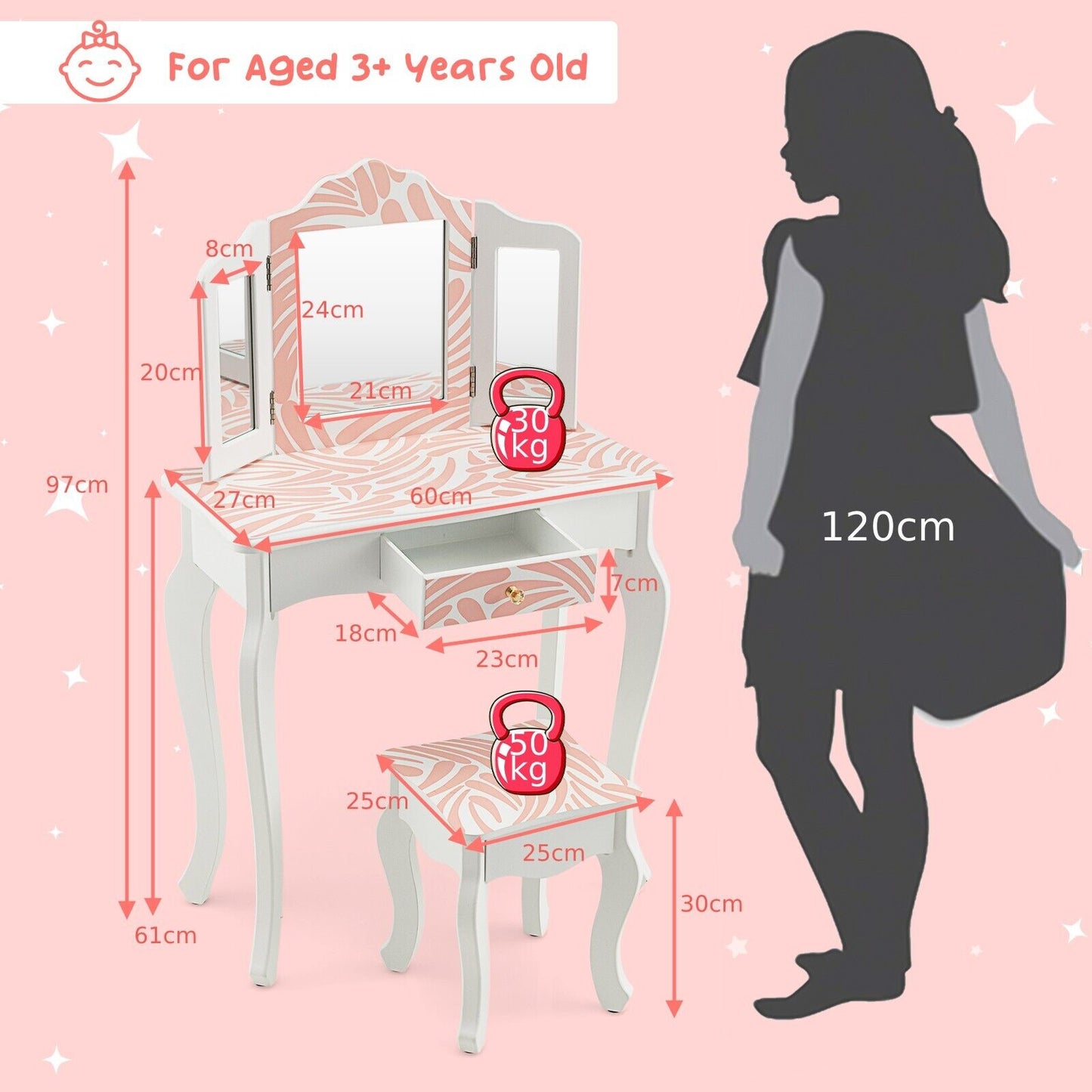 2 in 1 Kids Vanity Table and Stool Set for Girl Children-Pink Zebra-stripe Print