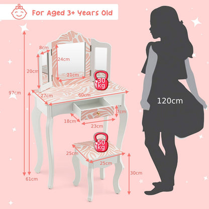 2 in 1 Kids Vanity Table and Stool Set for Girl Children-Pink Zebra-stripe Print