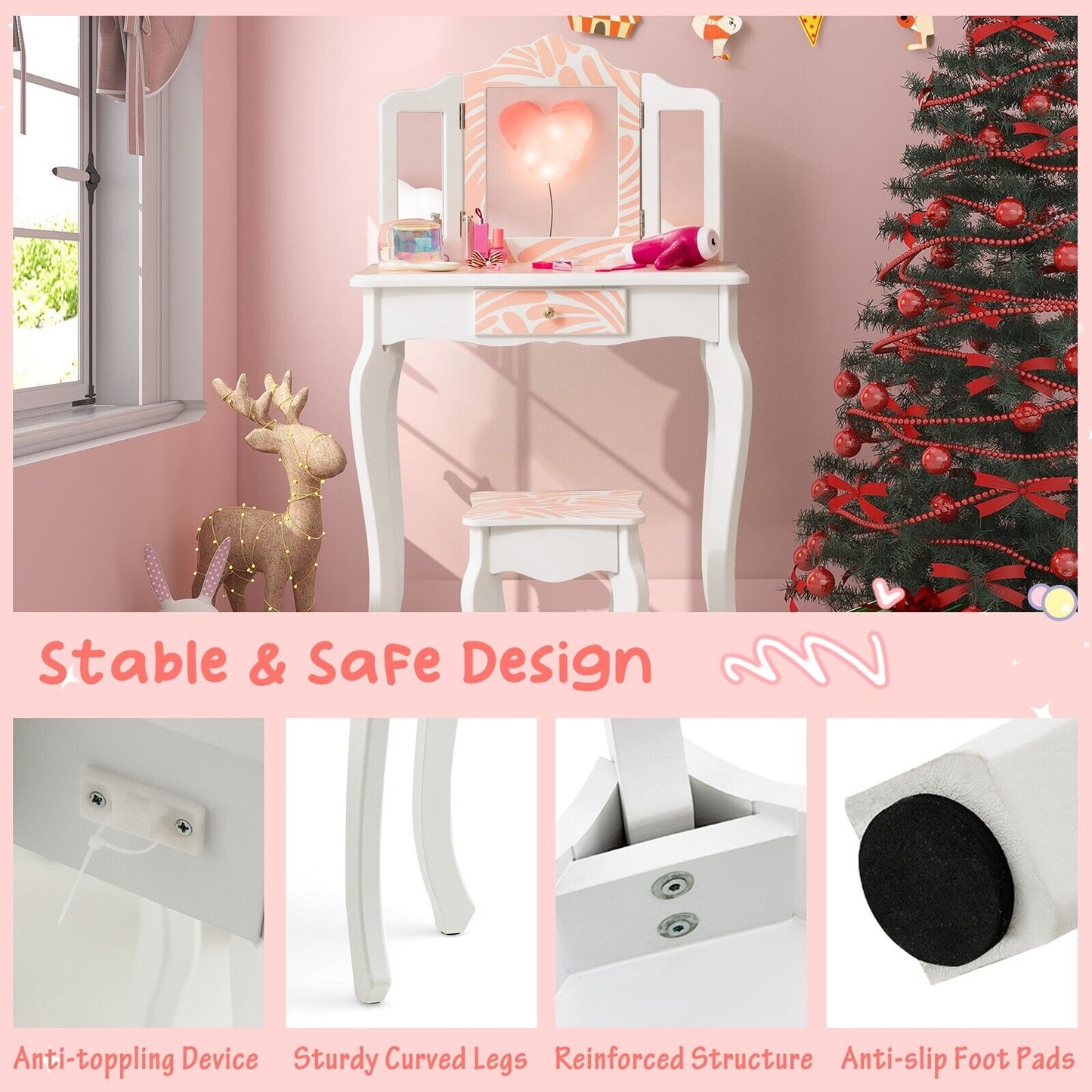 2 in 1 Kids Vanity Table and Stool Set for Girl Children-Pink Zebra-stripe Print