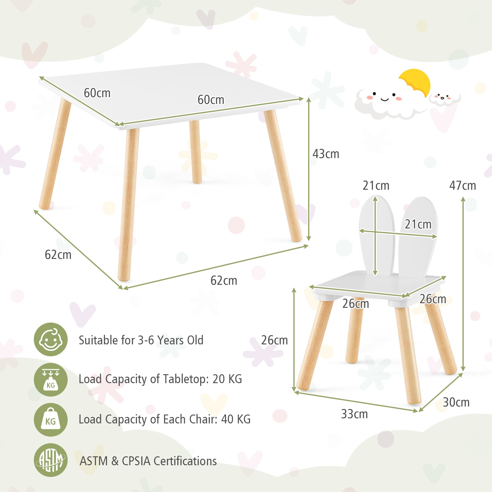 Kids Wooden Table and Rabbit Chairs Set with Space-Saving Structure-White