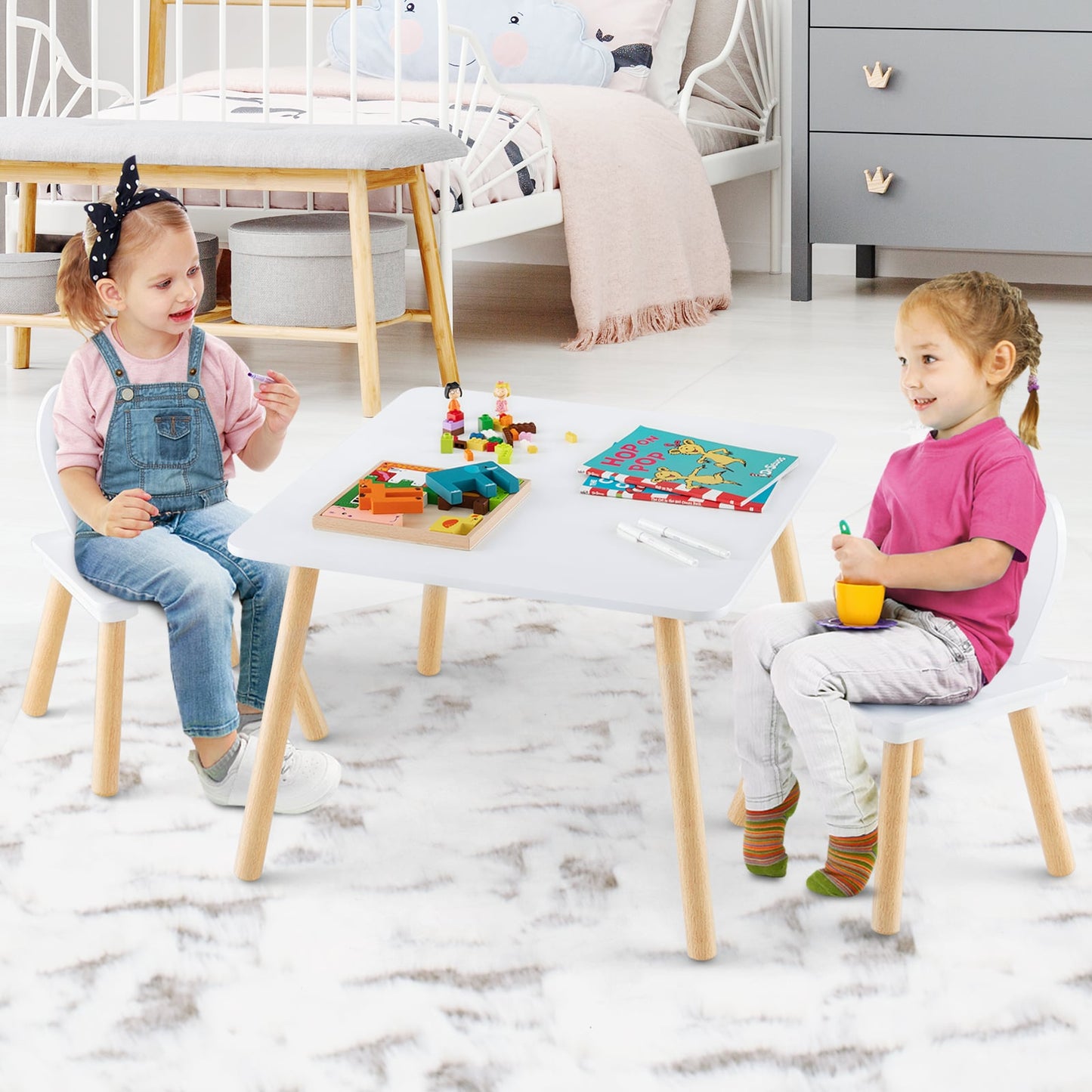 Kids Wooden Table and Rabbit Chairs Set with Space-Saving Structure-White