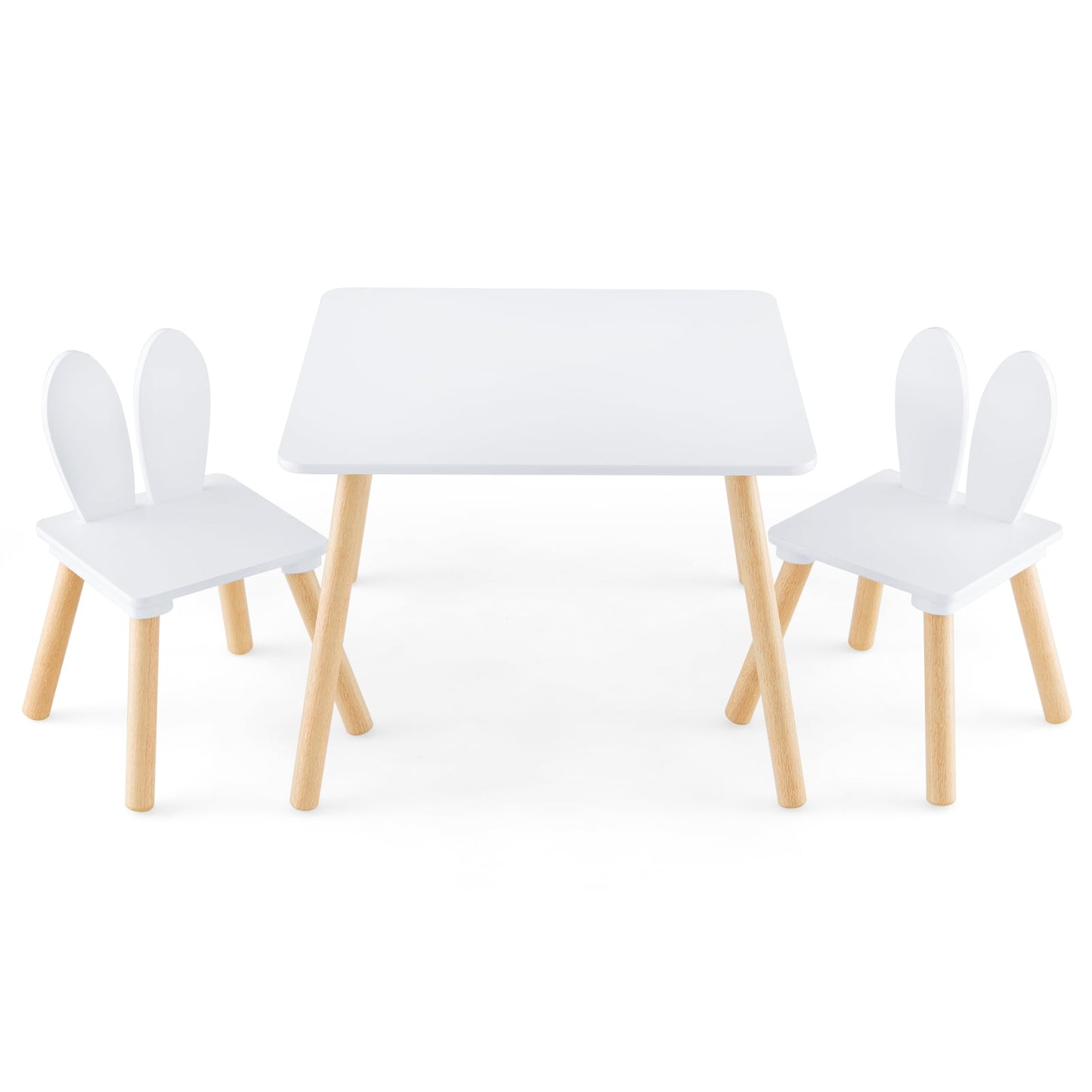 Kids Wooden Table and Rabbit Chairs Set with Space-Saving Structure-White