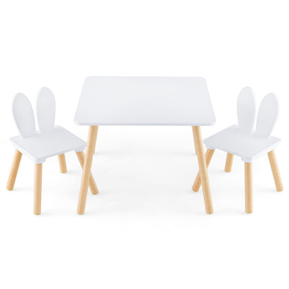 Kids Wooden Table and Rabbit Chairs Set with Space-Saving Structure-White