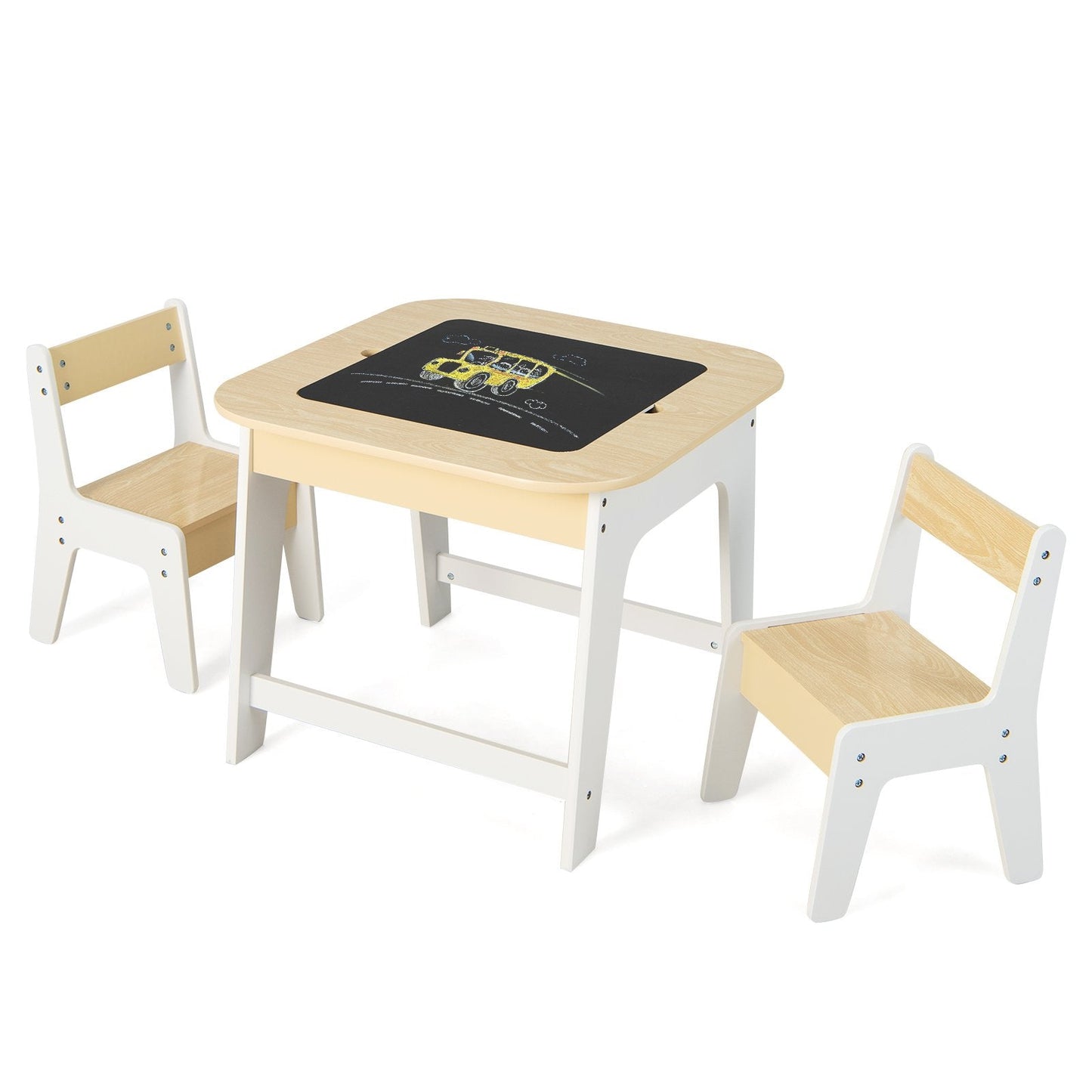 Kids Table and Chairs Set with Double-Sided Tabletop and Hidden Storage-Natural