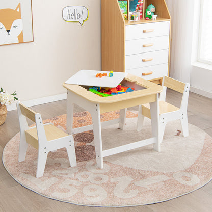 Kids Table and Chairs Set with Double-Sided Tabletop and Hidden Storage-Natural