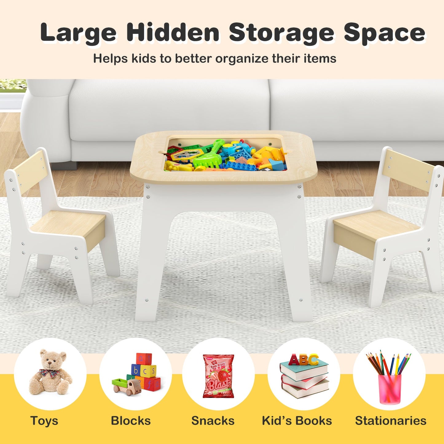 Kids Table and Chairs Set with Double-Sided Tabletop and Hidden Storage-Natural