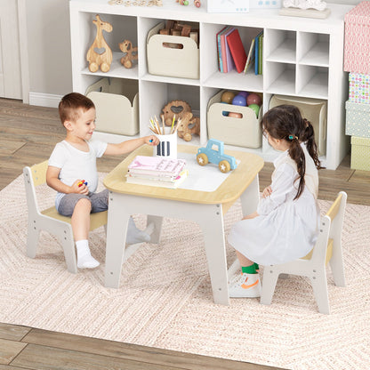 Kids Table and Chairs Set with Double-Sided Tabletop and Hidden Storage-Natural