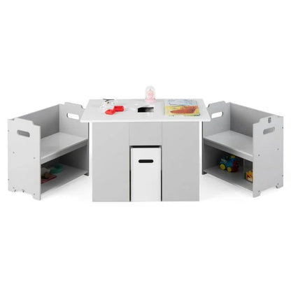 4-in-1 Kids Table and Chairs Set with 2 Stackable Chairs-Grey