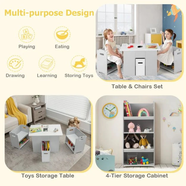 4-in-1 Kids Table and Chairs Set with 2 Stackable Chairs-Grey