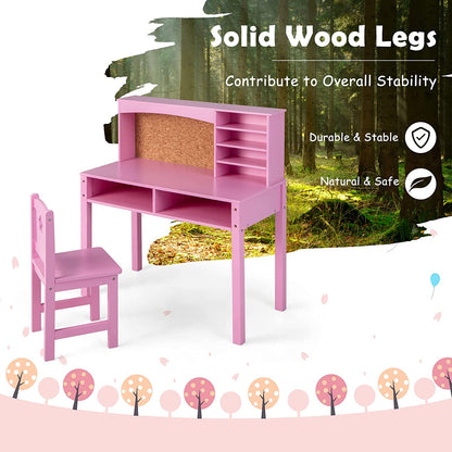 Wooden Kids Desk and Chair Set with Hutch for Studying and Reading-Pink