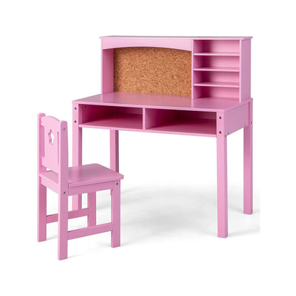Wooden Kids Desk and Chair Set with Hutch for Studying and Reading-Pink