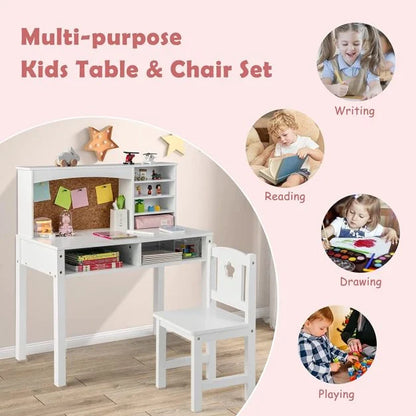 Wooden Kids Desk and Chair Set with Hutch for Studying and Reading-White
