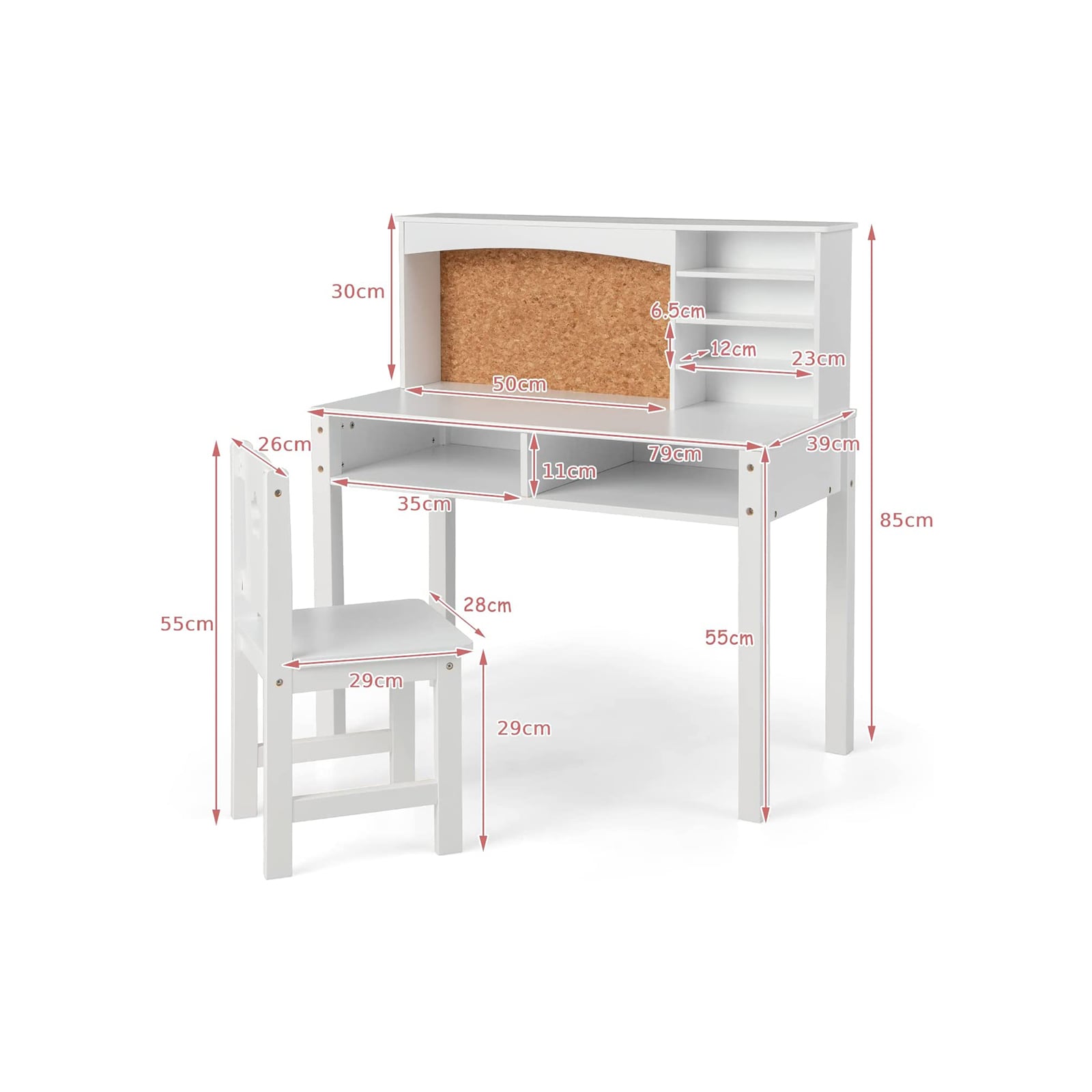 Wooden Kids Desk and Chair Set with Hutch for Studying and Reading-White