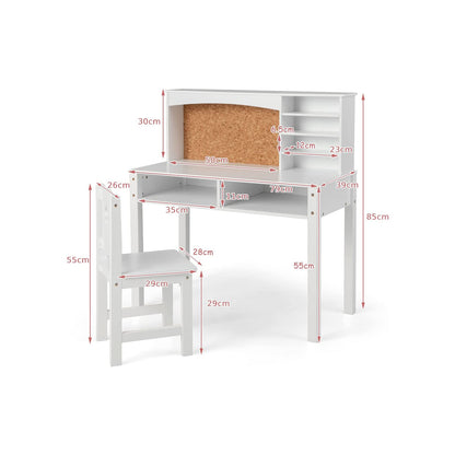 Wooden Kids Desk and Chair Set with Hutch for Studying and Reading-White