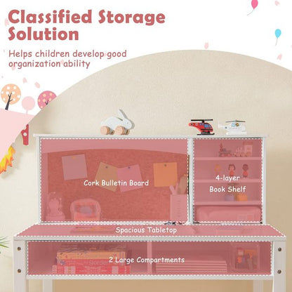 Wooden Kids Desk and Chair Set with Hutch for Studying and Reading-White