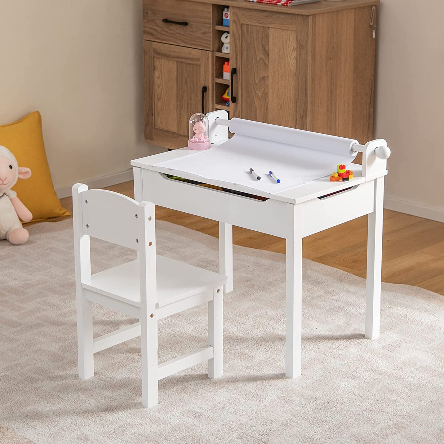 Kids Table and Chair Set with Paper Roll-White