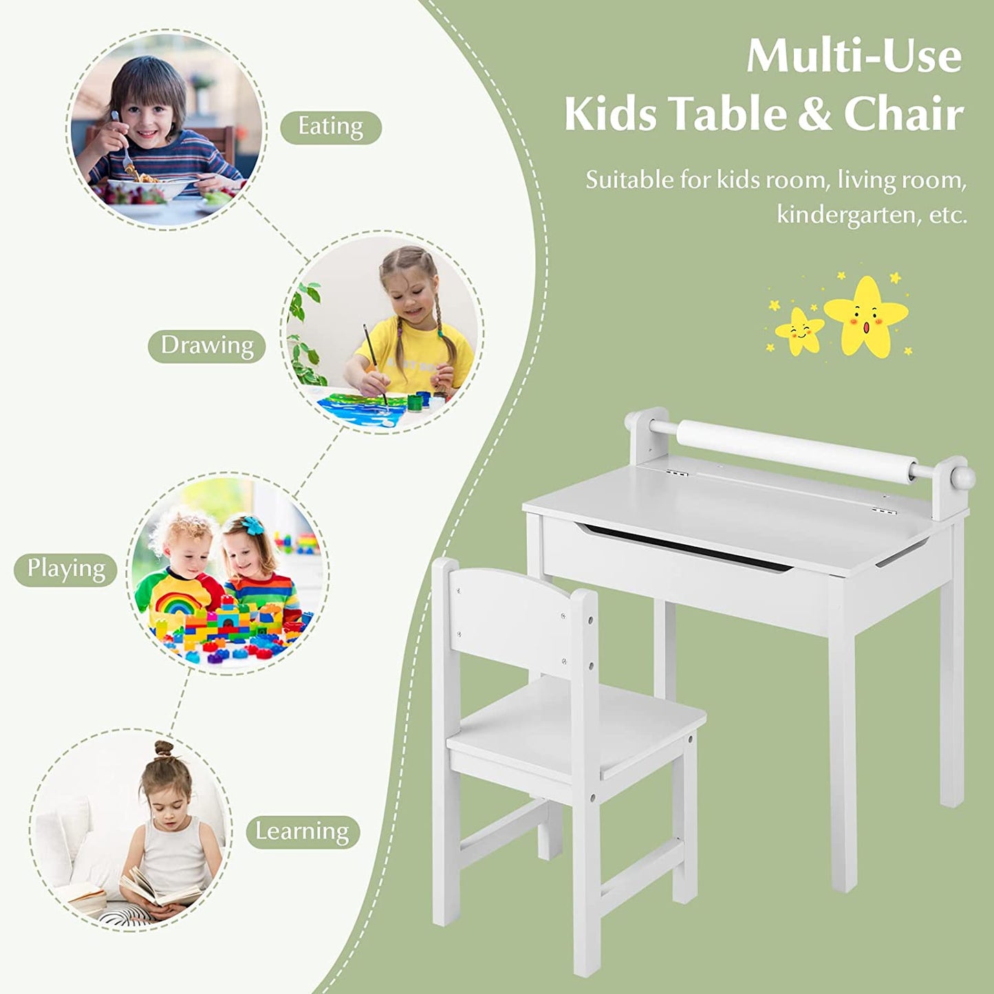 Kids Table and Chair Set with Paper Roll-White