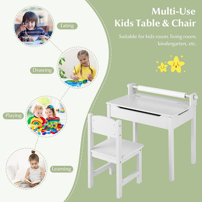 Kids Table and Chair Set with Paper Roll-White