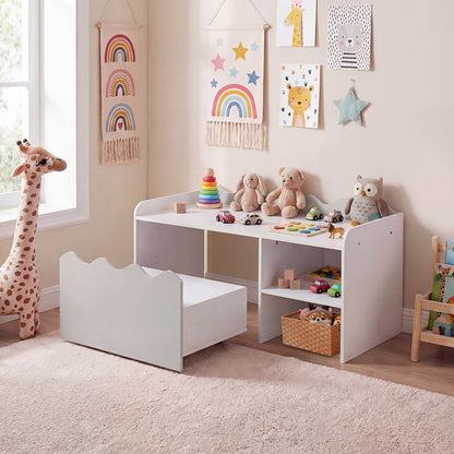 Scalloped Kids Bookshelf with Movable Drawer and Anti-Toppling Kit for Playroom-Grey