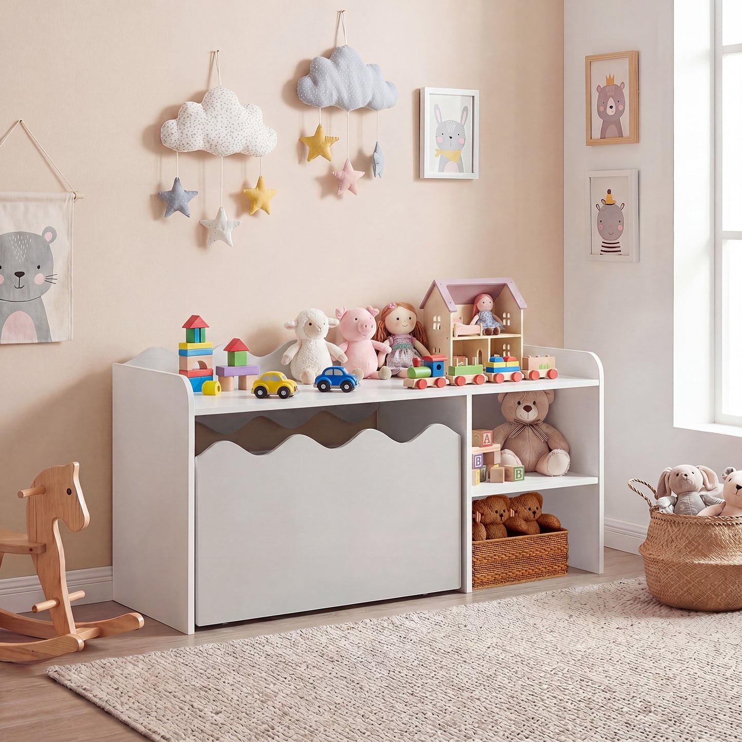 Scalloped Kids Bookshelf with Movable Drawer and Anti-Toppling Kit for Playroom-Grey