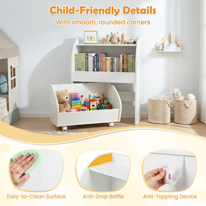 Children's Toy Storage Shelf with 2 Open Shelves and a Wheeled Drawer for Children's Bedroom-White