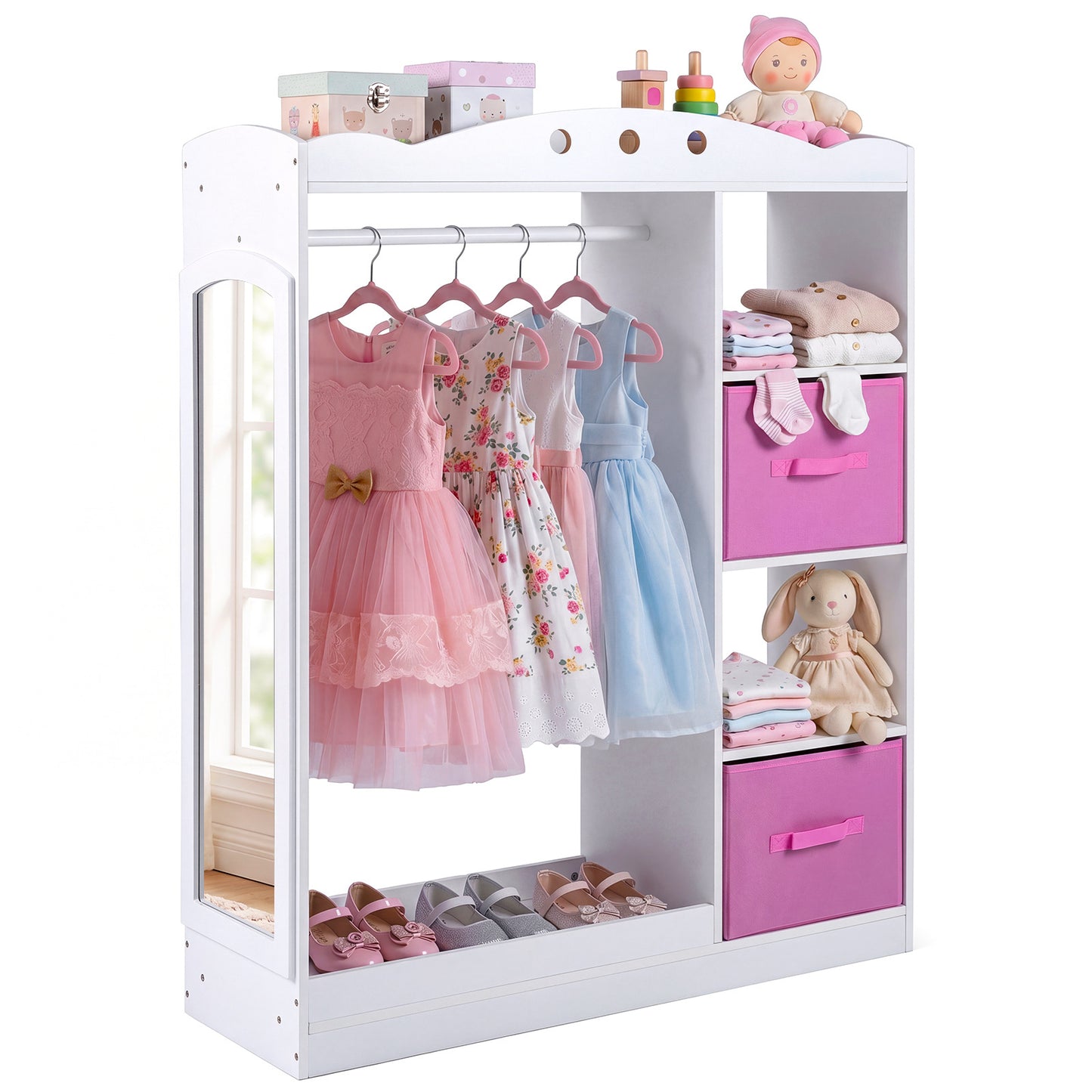 Kids Dress Up Storage with Full Length Mirror and Open Shelves-White
