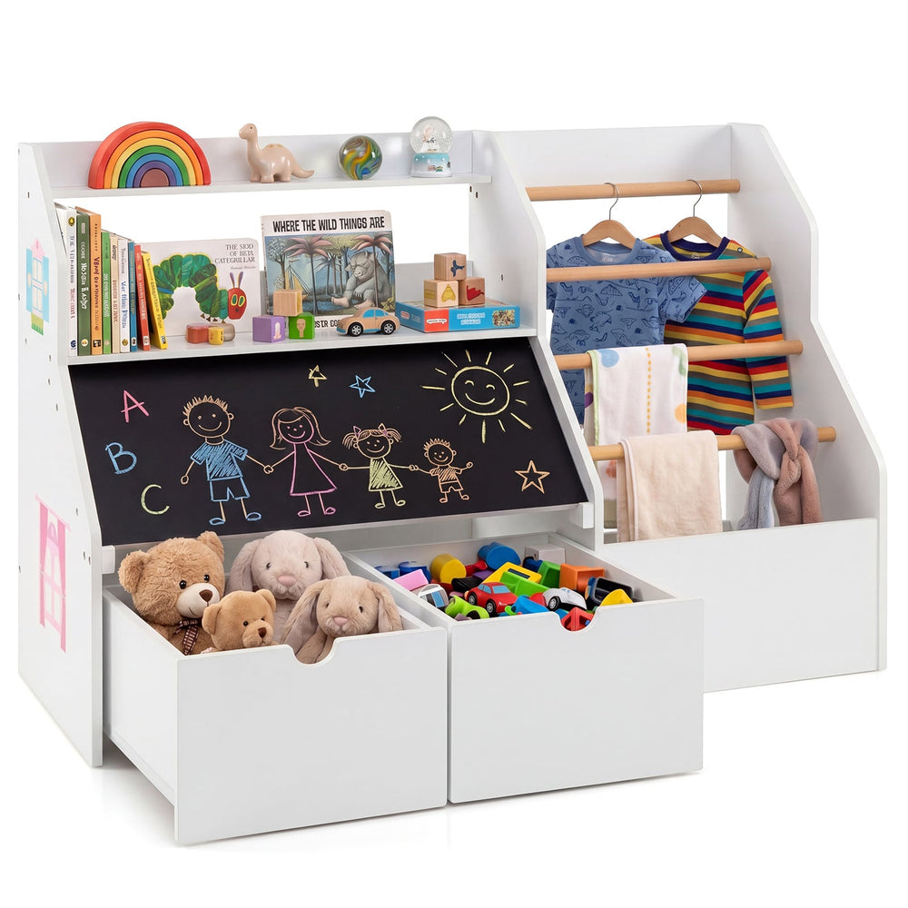 Toy Storage Organizer with Flip-up Blackboard and Movable Drawers for Playroom-White