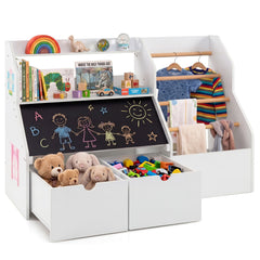 Toy Storage Organizer with Flip-up Blackboard and Movable Drawers for Playroom-White