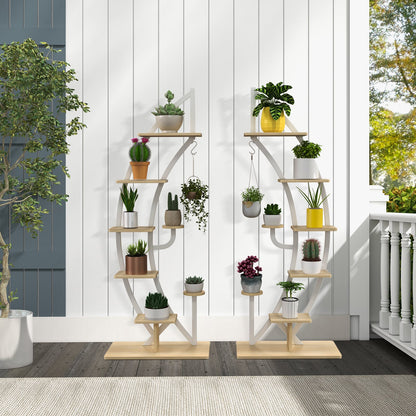 8-Tier Tall Wooden Curved Half-Moo Shape Plant Stand with Top Hook-White