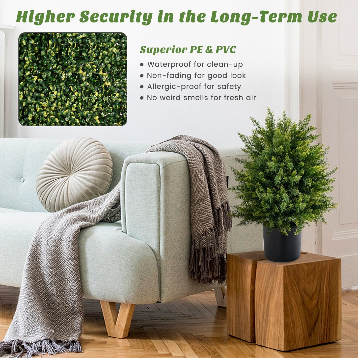 Set of 2 Artificial Cedar Topiary Ball Trees with Cement Pot