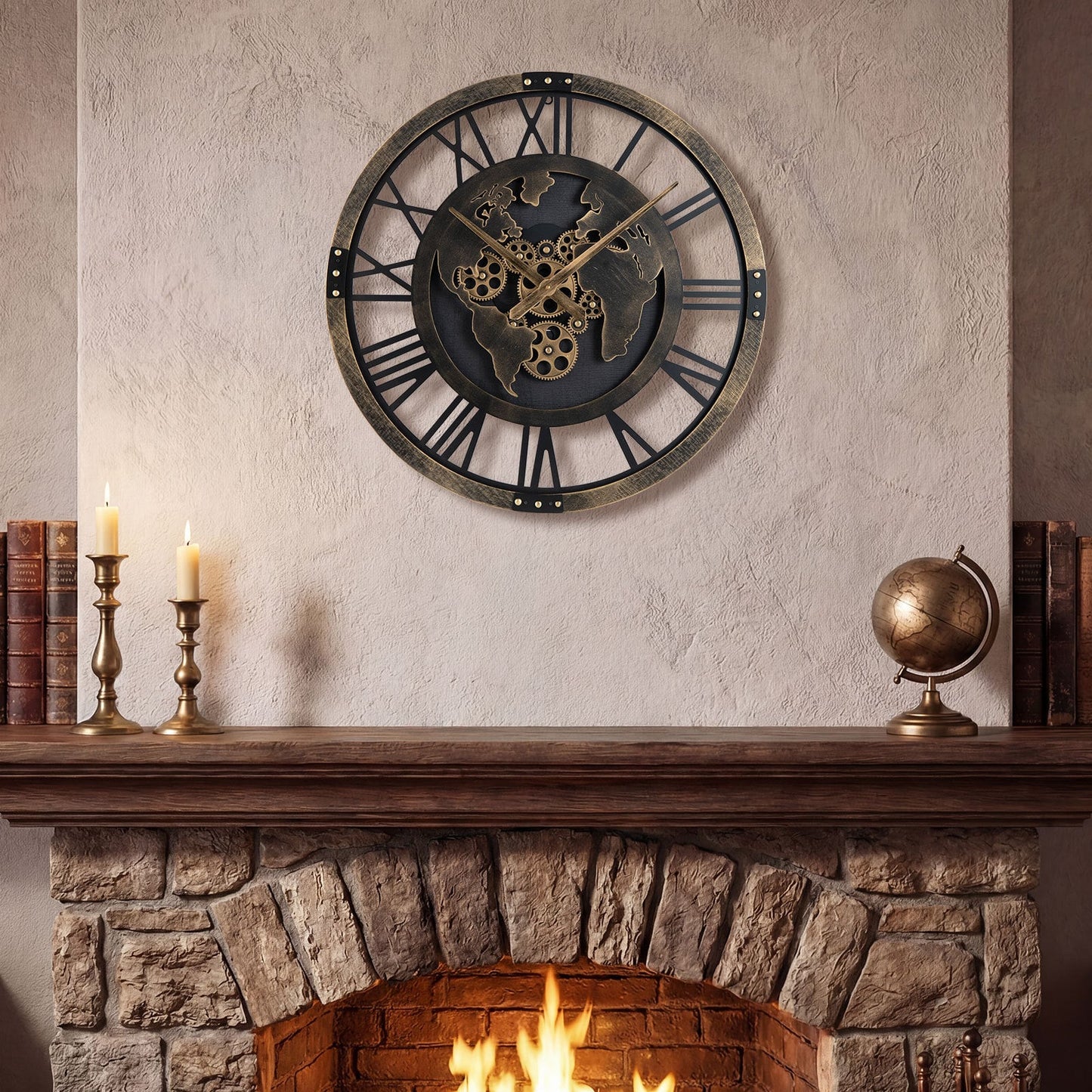 27” Large Wall Clock with World Map and Moving Gears-Brown