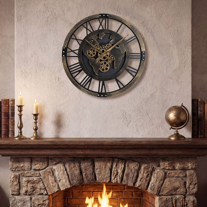 27” Large Wall Clock with World Map and Moving Gears-Brown