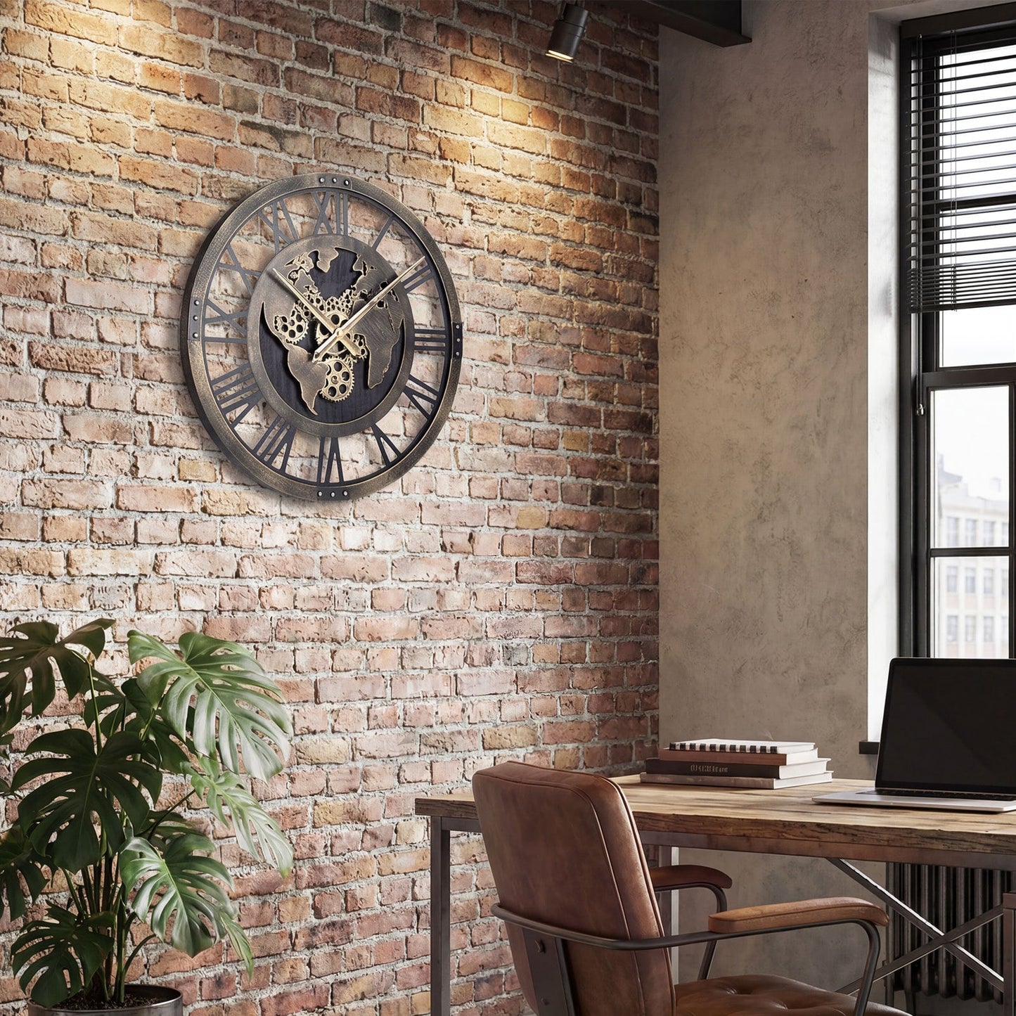 27” Large Wall Clock with World Map and Moving Gears-Brown