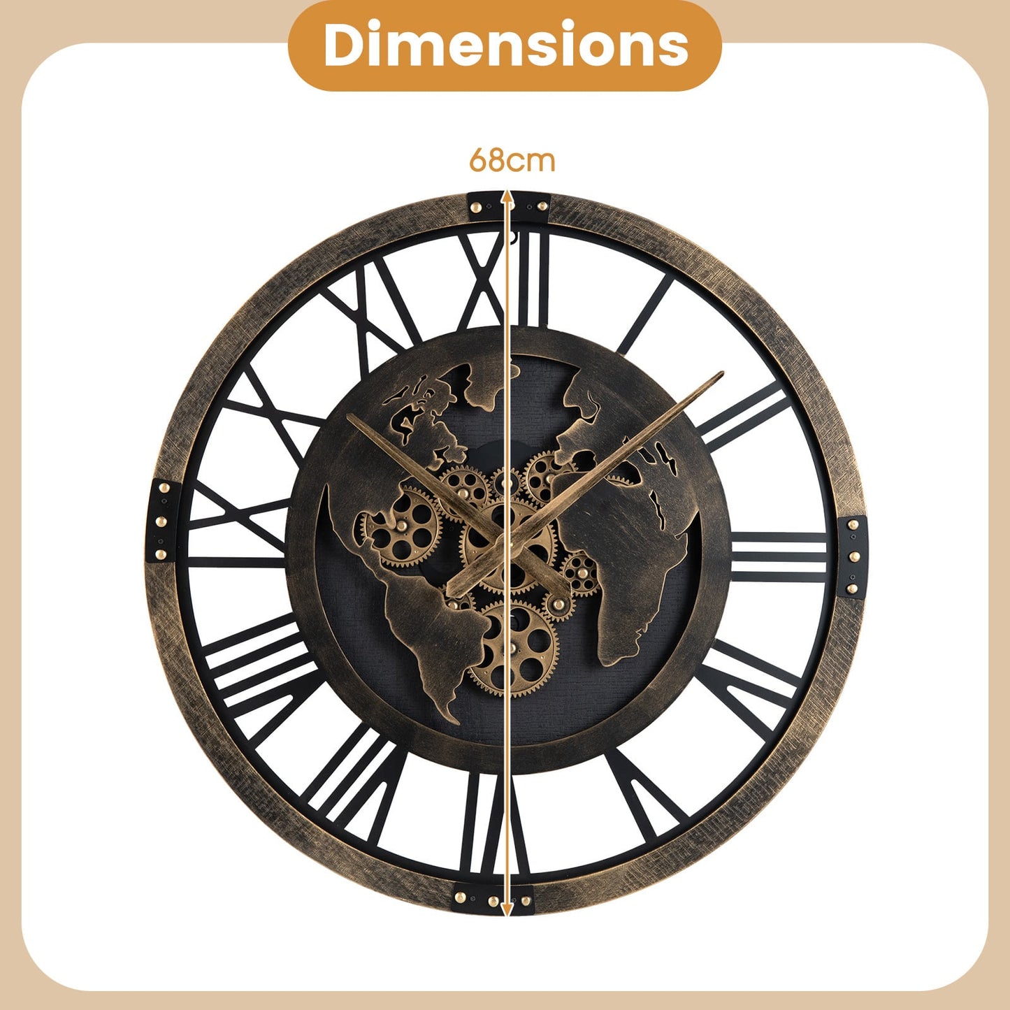 27” Large Wall Clock with World Map and Moving Gears-Brown
