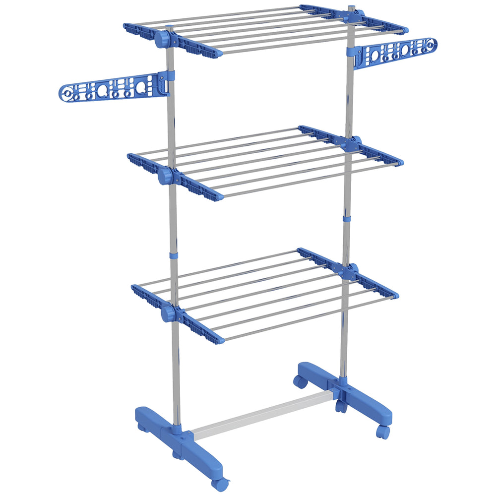 HOMCOM Three-Shelf Collapsing Clothes Horse, With Side Arms and Wheels - Blue