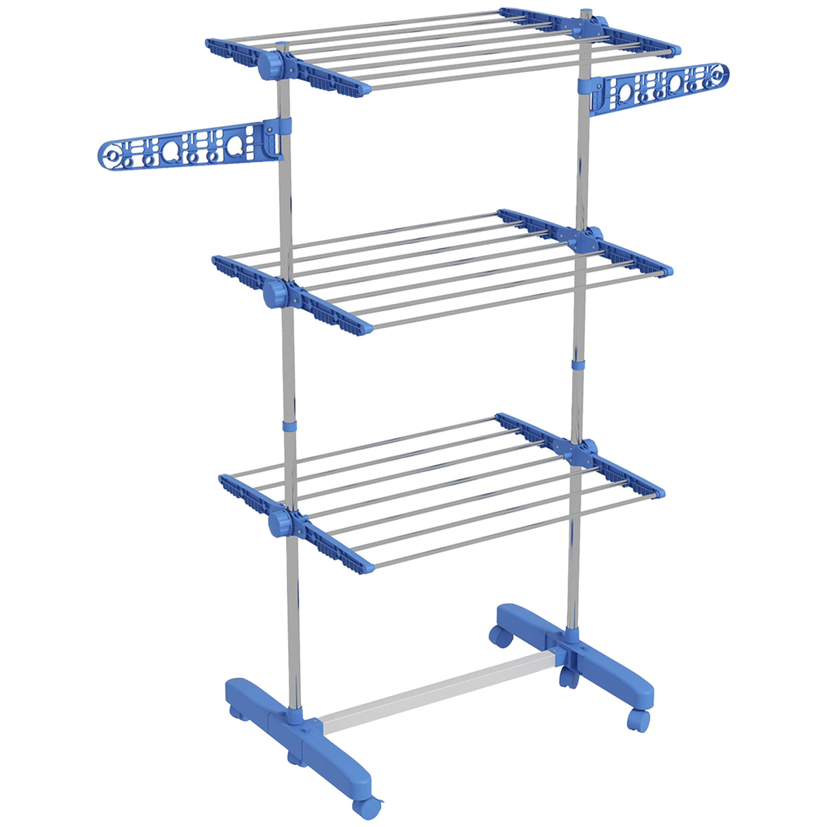 HOMCOM Three-Shelf Collapsing Clothes Horse, With Side Arms and Wheels - Blue