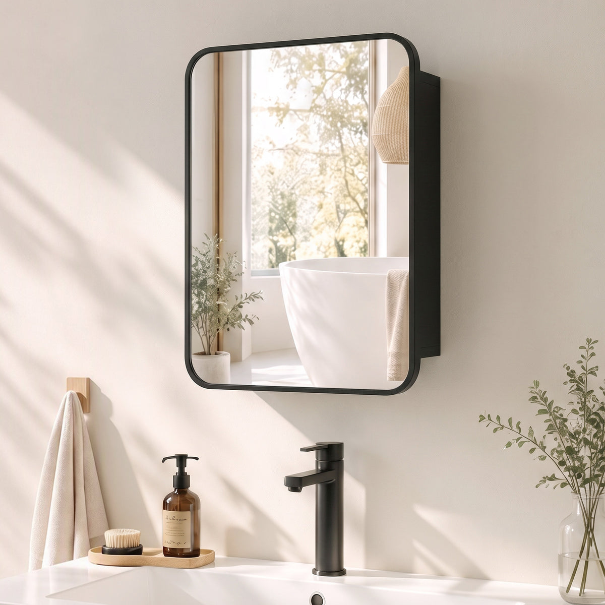 HOMCOM Bathroom Medicine Mirror Cabinet, Bathroom Wall Cabinet with Storage, Magnetic Door and Adjustable Shelf, Black